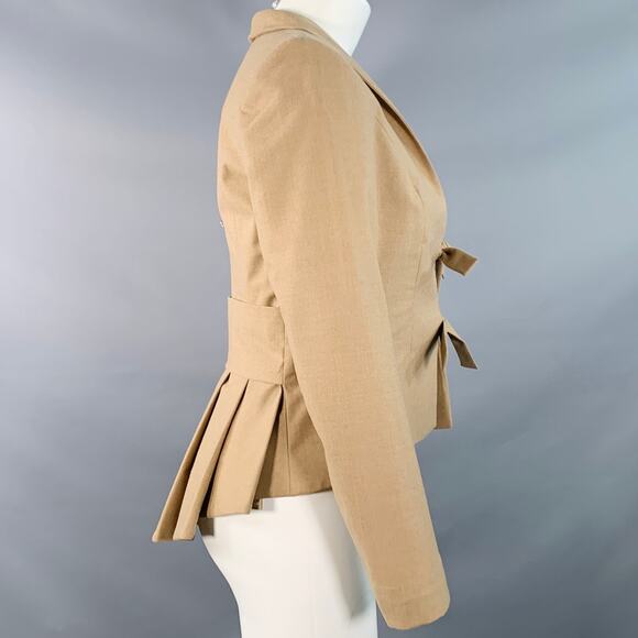 PAUW Size 2 Beige Wool Blend Pleated Shawl Lapel Tie Closure Jacket Blazer - Picture 2 of 8